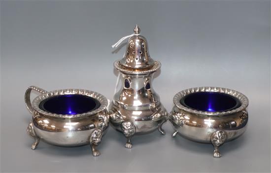 A 1970s silver three piece condiment set, Birmingham, 1979.